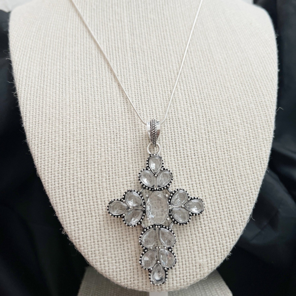 925 Sterling Silver Cross White Topaz Necklace Handmade Gemstone Womens Jewelry